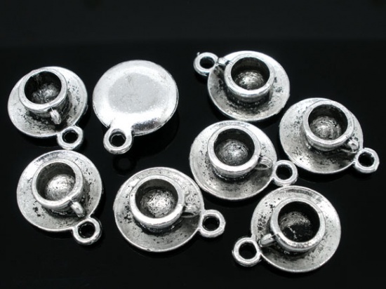 Picture of Zinc Based Alloy Charms Coffee/ Tea Cup Mug Tableware Antique Silver Color 19mm( 6/8") x 15mm( 5/8"), 20 PCs