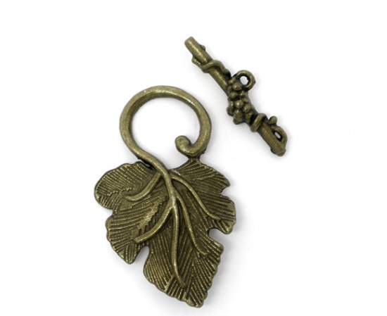 Picture of Zinc Based Alloy Toggle Clasps Grape Leaf Antique Bronze 37mm x 23mm 25mm x 8mm, 20 Sets