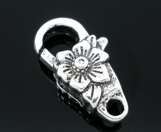 Picture of Zinc Based Alloy Lobster Clasp Findings Antique Silver Color Flower Pattern 24mm x 13mm, 10 PCs