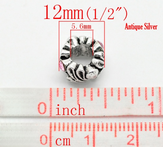 Picture of Zinc Metal Alloy European Style Large Hole Charm Beads Flower Antique Silver Pink Rhinestone About 12mm x 8mm, Hole: Approx 5.6mm, 10 PCs