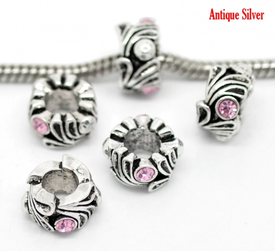 Picture of Zinc Metal Alloy European Style Large Hole Charm Beads Flower Antique Silver Pink Rhinestone About 12mm x 8mm, Hole: Approx 5.6mm, 10 PCs