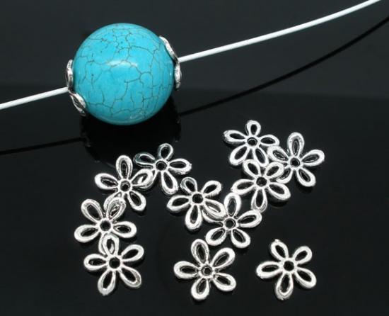 Picture of Zinc Based Alloy Spacer Beads Flower Antique Silver Color About 11mm x 11mm, Hole:Approx 1.4mm, 100 PCs