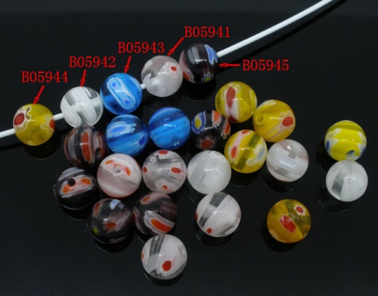 Picture of Lampwork Glass Beads Round Mixed Flower Pattern About 8mm Dia, Hole: Approx 1.5mm, 50 PCs