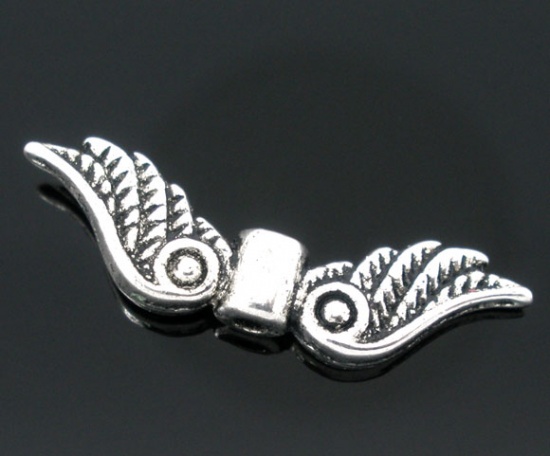 Bild von Zinklegierung Zwischenperlen Spacer Perlen Engel Flügel Antik Silber 23mm x 7mm, Loch:ca. 1.3mm, verkauft eine Packung mit 50 Stücke