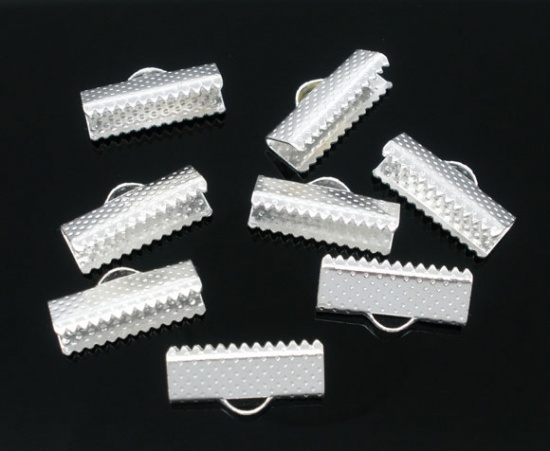Picture of Necklace Cord End Caps Ribbon Crimp End Findings Silver Plated 16mmx7.5mm, 100 PCs