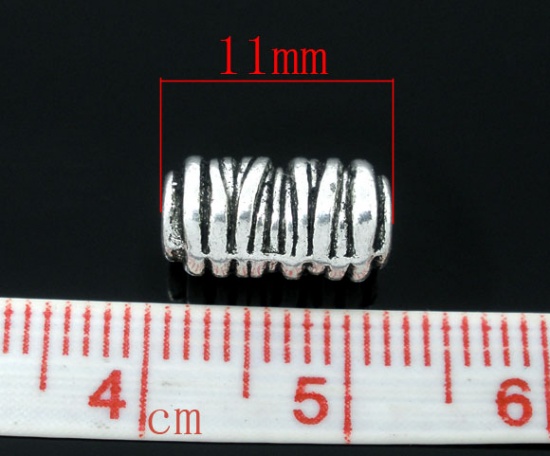 Picture of Zinc Based Alloy Spacer Beads Cylinder Antique Silver Color Stripe Carved About 11mm x6mm, Hole:Approx 2.5mm, 50 PCs