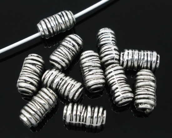 Picture of Zinc Based Alloy Spacer Beads Cylinder Antique Silver Color Stripe Carved About 11mm x6mm, Hole:Approx 2.5mm, 50 PCs