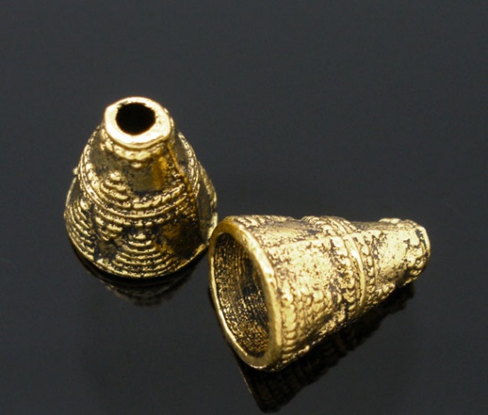 Picture of Zinc Based Alloy Spacer Beads Cone Gold Tone Antique Gold Carved About 11mm x 9mm, Hole:Approx 1.7mm, 60 PCs