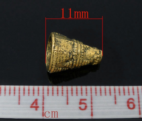 Picture of Zinc Based Alloy Spacer Beads Cone Gold Tone Antique Gold Carved About 11mm x 9mm, Hole:Approx 1.7mm, 60 PCs