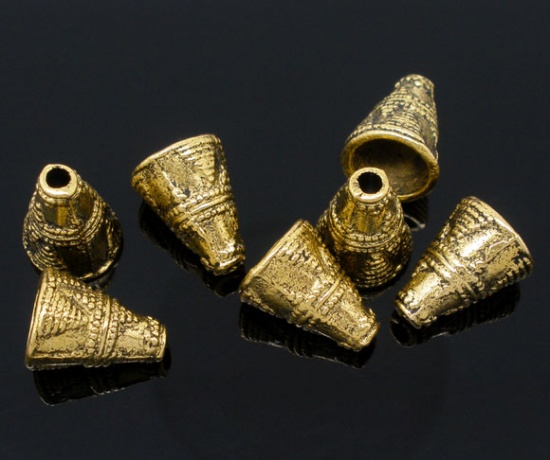 Picture of Zinc Based Alloy Spacer Beads Cone Gold Tone Antique Gold Carved About 11mm x 9mm, Hole:Approx 1.7mm, 60 PCs