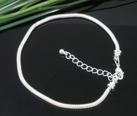 Copper European Style Snake Chain Charm Bracelets Silver Plated W/ Lobster Claw Clasp And Extender Chain 23cm long, 4 PCs