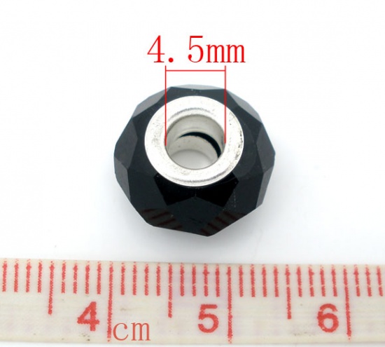 Picture of Glass European Style Large Hole Charm Beads Round Black Silver Plated Core Faceted About 14mm Dia, Hole: Approx 4.5mm, 20 PCs