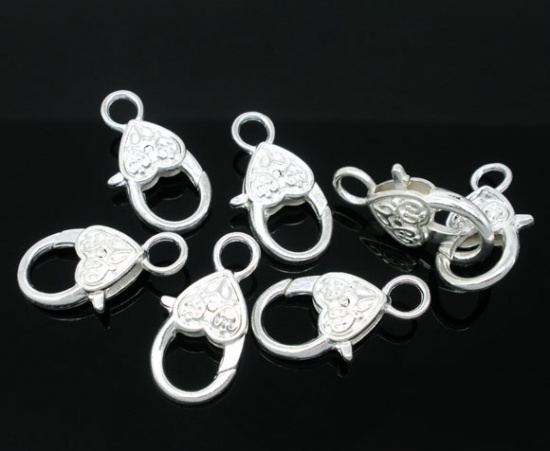 Picture of Zinc Based Alloy Lobster Clasps Heart Silver Plated 25mm x 13mm, 100 PCs