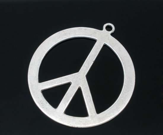 Picture of 10 Antique Silver Color Peace Sign Charm Pendants 44x40mm Findings