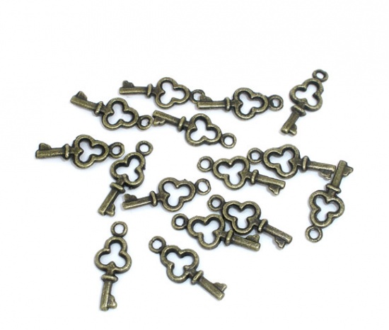 Bild von 200 Stück Messing Charms Bronzefarbe Schlüssel 16mm x 6mm