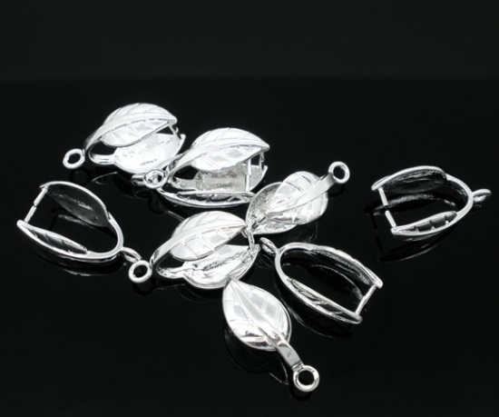 Picture of Brass Pendant Pinch Bails Clasps Leaf Silver Plated 20mm( 6/8") x 10mm( 3/8"), 10 PCs                                                                                                                                                                         