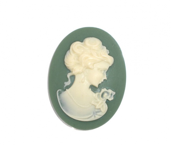 Image de Cabochon Camée en Résine Ovale Vert Portrait de Beauté 3.9cm x 2.9cm, 10 Pcs