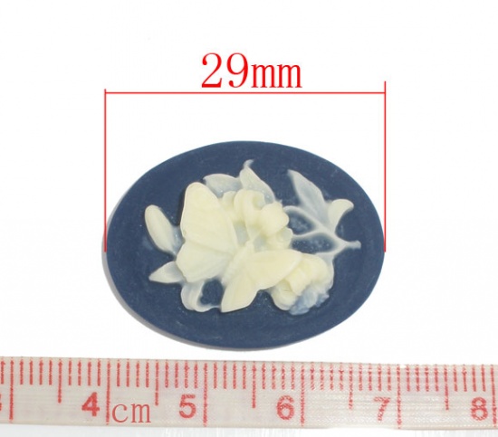 Picture of Resin Cabochon Cameo Oval Ivory & Deep Blue Flower Butterfly 31mm x 24mm(1 2/8" x1") - 29mm x22mm(1 1/8" x 7/8"), 10 PCs