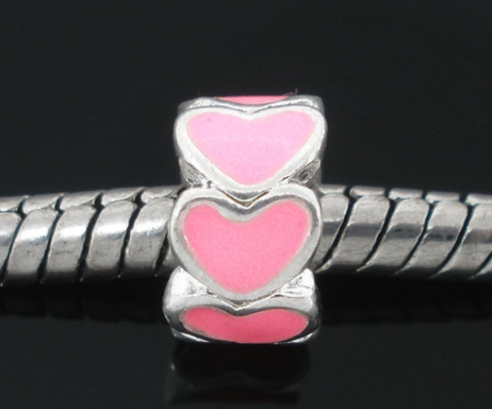 Immagine di Lega di Zinco Stile Europeo Perline Tondo Rosa Argento Placcato Circa 8mm Dia, Foro: Circa 5.0mm, 10 Pz