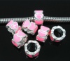 Picture of Zinc Metal Alloy European Style Large Hole Charm Beads Round Silver Plated Heart Carved Pink Enamel About 8mm Dia, Hole: Approx 5mm, 10 PCs