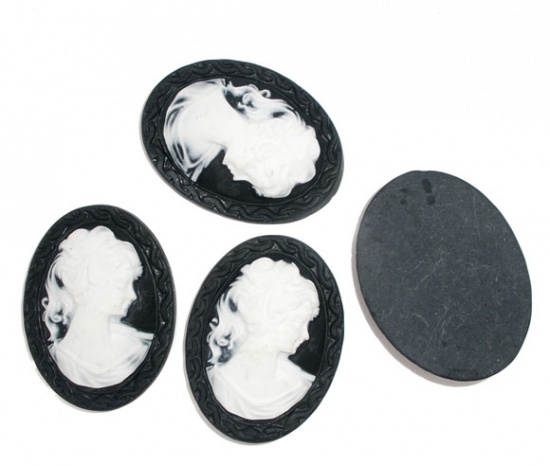 Picture of Resin Cabochon Cameo Oval Black & White Beauty Lady 40mm(1 5/8") x 30mm(1 1/8"), 10 PCs