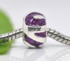 Picture of Zinc Metal Alloy European Style Large Hole Charm Beads Round Silver Plated Stripe Carved Purplr Enamel (With Gold Dust) About 12mm Dia, Hole: Approx 4.5mm, 10 PCs