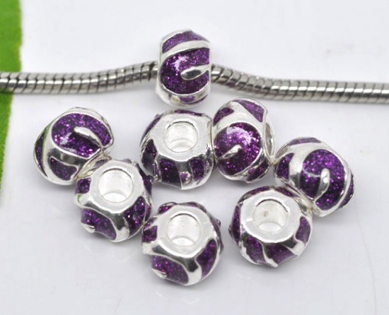 Picture of Zinc Metal Alloy European Style Large Hole Charm Beads Round Silver Plated Stripe Carved Purplr Enamel (With Gold Dust) About 12mm Dia, Hole: Approx 4.5mm, 10 PCs