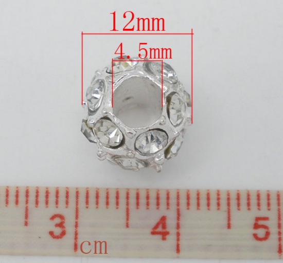 Immagine di Lega + Strass Stile Europeo Perline Palla Argento Placcato Trasparente Strass Circa 12mm Dia, Foro: Circa 4.5mm, 10 Pz