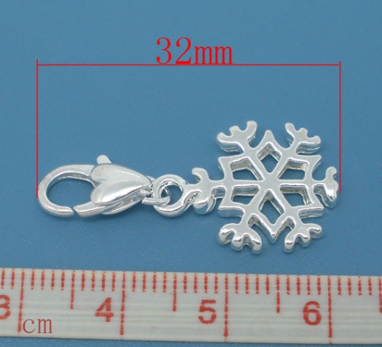 Picture of Clip On Charms For Vintage Charm Bracelet Christmas Snowflake Silver Plated 32mm x14mm(1 2/8" x 4/8"), 10 PCs