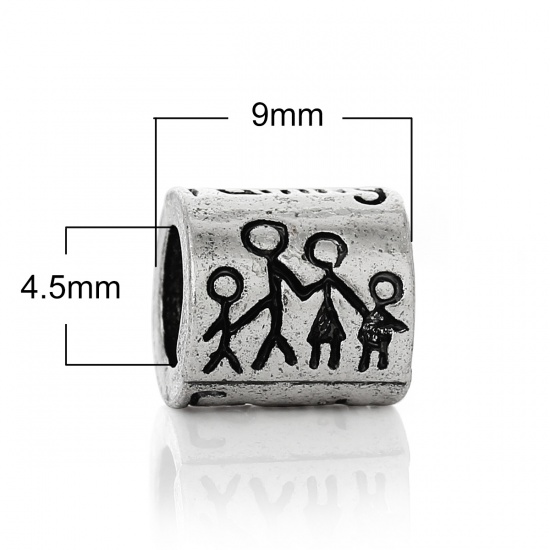 Picture of Zinc Metal Alloy European Style Large Hole Charm Beads Cylinder Antique Silver Persons Carved About 9mm x 8mm, Hole: Approx 4.5mm, 20 PCs