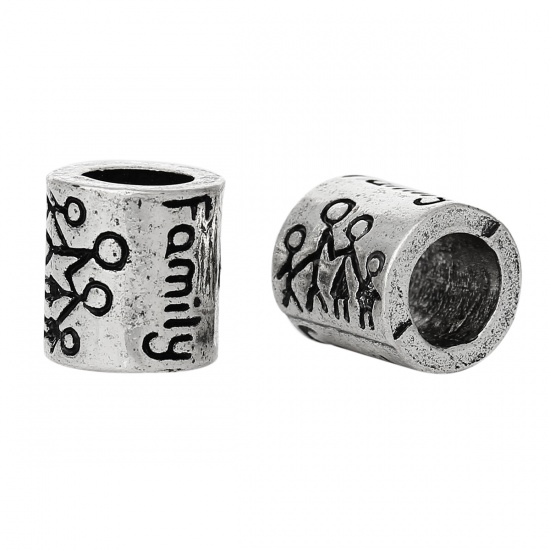 Picture of Zinc Metal Alloy European Style Large Hole Charm Beads Cylinder Antique Silver Persons Carved About 9mm x 8mm, Hole: Approx 4.5mm, 20 PCs