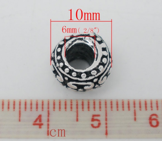 Picture of Zinc Based Alloy European Style Large Hole Charm Beads Cylinder Antique Silver Pattern Carved 10mm x8mmm, Hole: Approx 6mm, 20 PCs