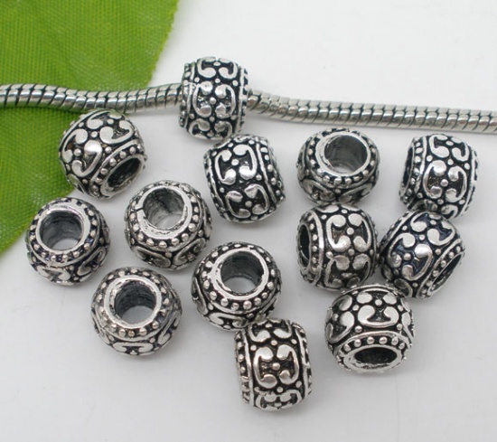 Picture of Zinc Based Alloy European Style Large Hole Charm Beads Cylinder Antique Silver Pattern Carved 10mm x8mmm, Hole: Approx 6mm, 20 PCs