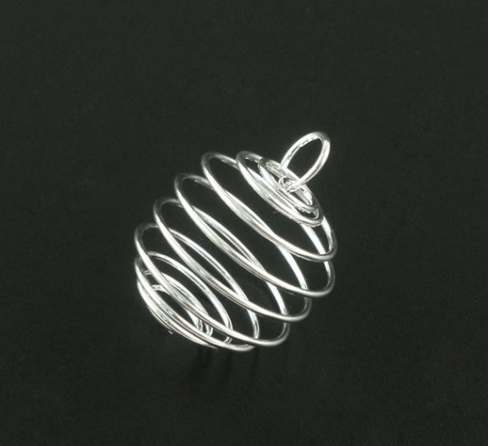 Picture of Alloy Spiral Bead Cages Pendants Lantern Silver Plated 25mm x 20mm, 20 PCs