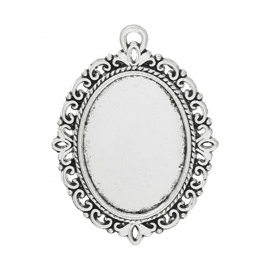 Picture of Zinc Based Alloy Cabochon Setting Pendants Oval Antique Silver (Fits 25mm x 18mm) 39mm x 29mm, 10 PCs