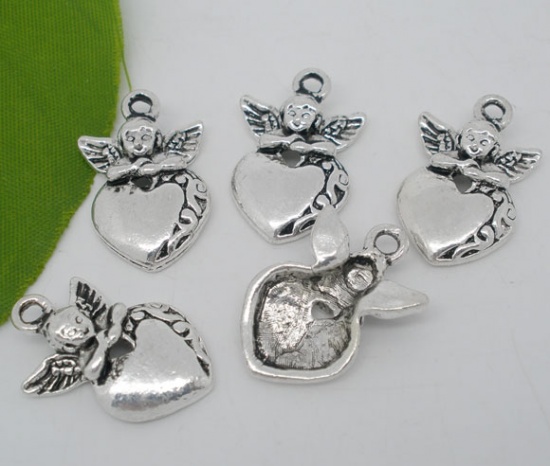 Picture of 20 Antique Silver Color Angel&Heart Charm Pendants 25x16mm
