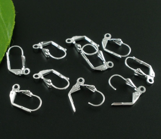 Picture of Brass Lever Back Clips Earring Findings Silver Plated 17mm( 5/8") x 10mm( 3/8"), 50 PCs                                                                                                                                                                       