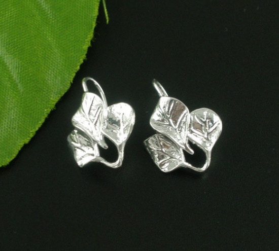Picture of Brass Ear Wire Hooks Earring Findings Leaf Silver Plated 21mm( 7/8") x 15mm( 5/8"), Post/ Wire Size: (19 gauge), 10 PCs                                                                                                                                       
