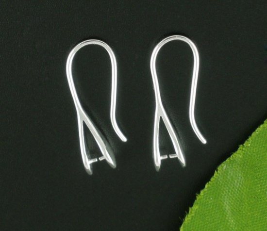 Picture of Brass Ear Wire Hooks Earring Findings Silver Plated 25mm(1") x 13mm( 4/8"), Post/ Wire Size: (20 gauge), 10 PCs                                                                                                                                               