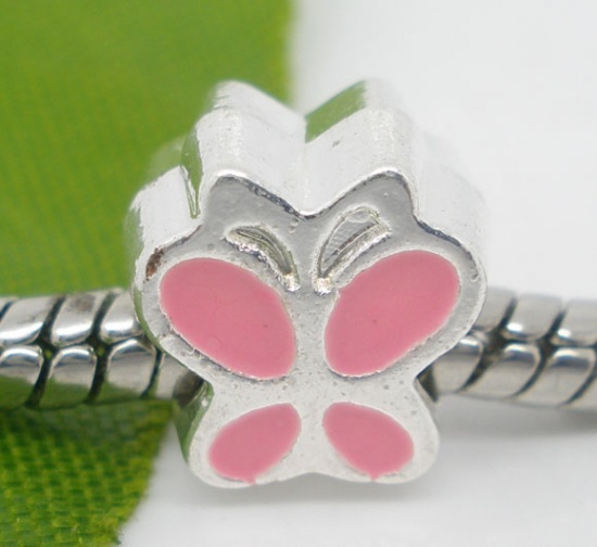 Bild von Zinklegierung European Stil Charm Großlochperlen Schmetterling Versilbert Schmetterling Geschnitzt Rosa Emaille etwa 10mm x 9mm, Loch:Ca 4.5mm, 10 Stücke