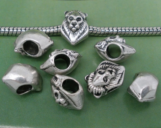 Picture of Zinc Metal Alloy European Style Large Hole Charm Beads Lion Face Antique Silver About 13mm x 9mm, Hole: Approx 4.5mm, 20 PCs