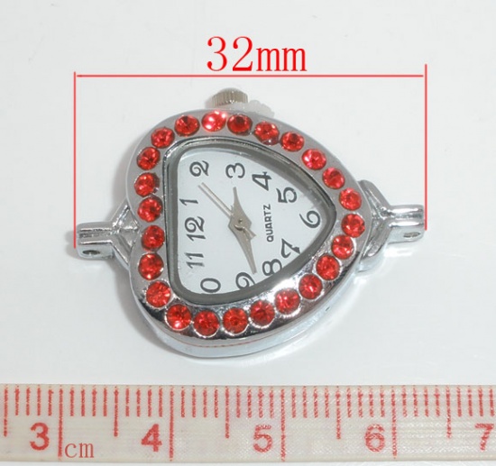 Picture of Watch face, alloy /rhinestone, 32x26mm heart with white dial,Battery Included, 2 loops. Sold per packet of 2