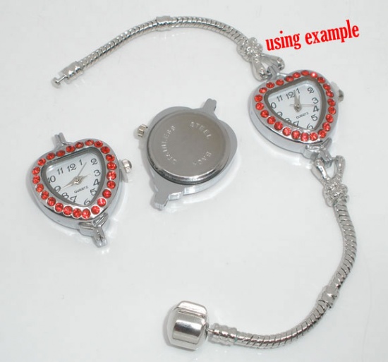 Picture of Watch face, alloy /rhinestone, 32x26mm heart with white dial,Battery Included, 2 loops. Sold per packet of 2