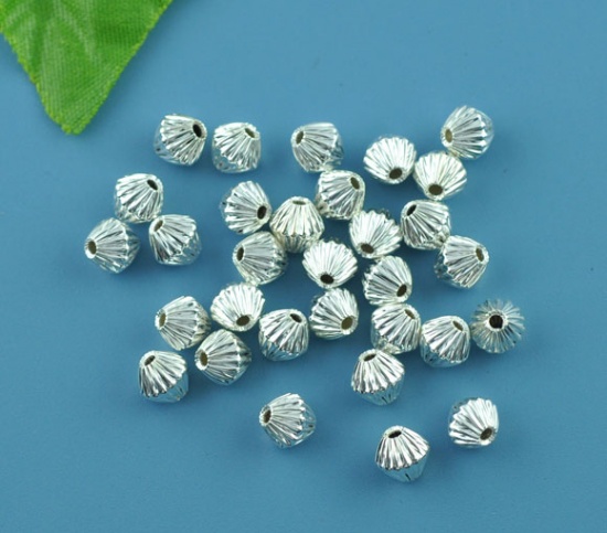 Picture of Brass Spacer Beads Bicone Silver Plated Stripe Carved About 6mm( 2/8") x 6mm( 2/8"), Hole:Approx 1.2mm, 100 PCs                                                                                                                                               