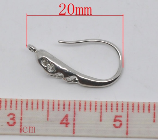 Picture of Brass Ear Wire Hooks Earring Findings Silver Tone 20mm( 6/8") x 10mm( 3/8"), Post/ Wire Size: (21 gauge), 20 PCs