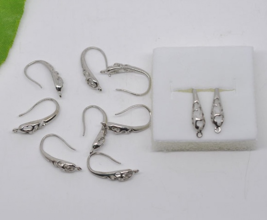 Picture of Brass Ear Wire Hooks Earring Findings Silver Tone 20mm( 6/8") x 10mm( 3/8"), Post/ Wire Size: (21 gauge), 20 PCs