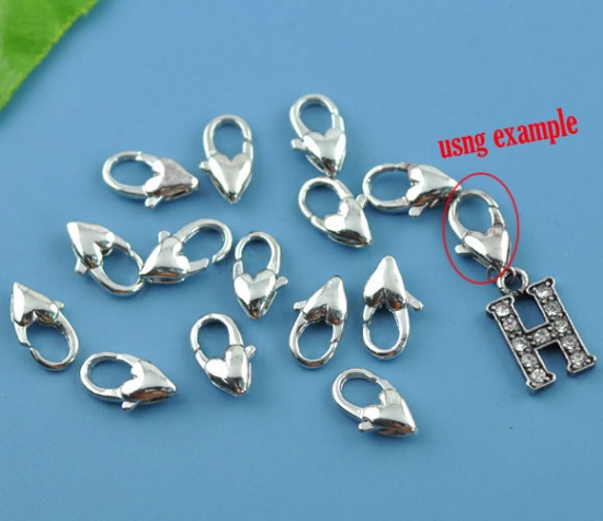Picture of Zinc Based Alloy Lobster Clasps Heart Silver Tone 12mm x 7mm, 300 PCs