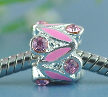 Lega + Strass Stile Europeo Perline Cilindrico Rosa Argento Placcato Roso Strass Circa 11mm Dia, Foro: Circa 4.8mm, 10 Pz