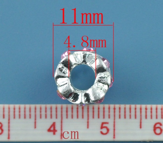 Immagine di Lega + Strass Stile Europeo Perline Cilindrico Rosa Argento Placcato Roso Strass Circa 11mm Dia, Foro: Circa 4.8mm, 10 Pz