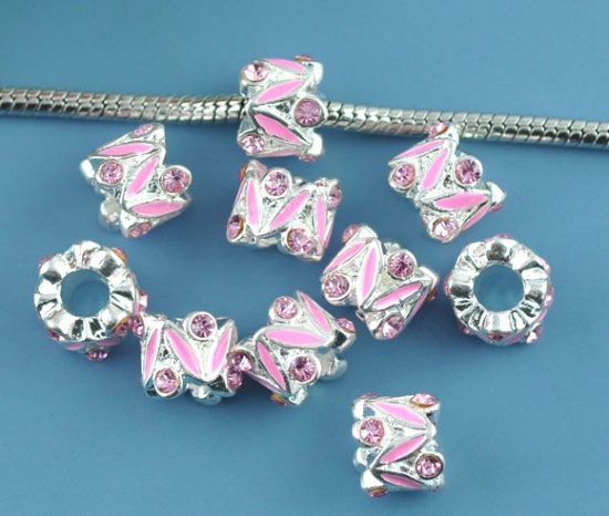 Immagine di Lega + Strass Stile Europeo Perline Cilindrico Rosa Argento Placcato Roso Strass Circa 11mm Dia, Foro: Circa 4.8mm, 10 Pz